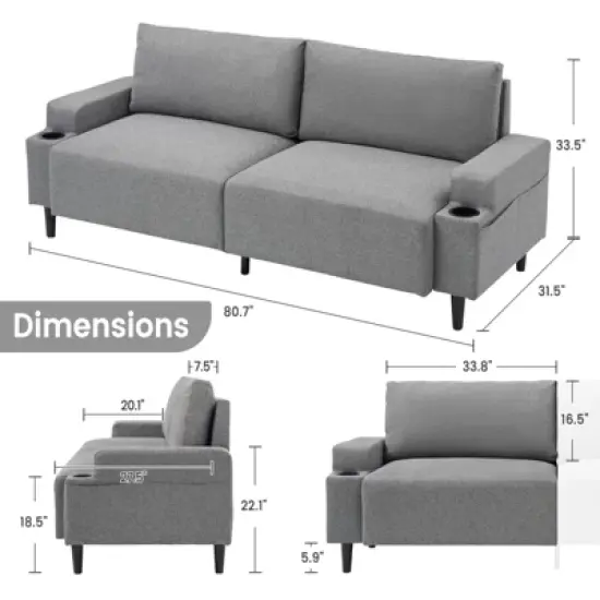 Loveseat Sofa Couch for Living Room, 80" Modern 2-Seater Couch &pound;&not;Comfy Mid Century Modern Couch for Bedroom, Office, Apartment, grey image {3}