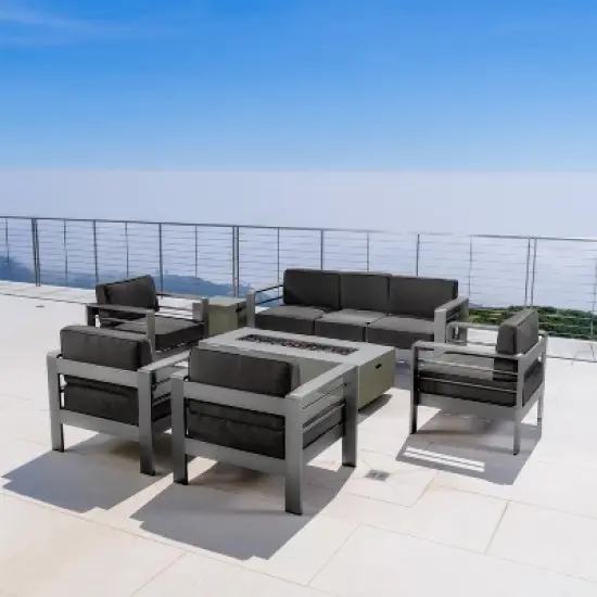 Christopher Knight Home Cape Coral Outdoor Aluminum 7 Seater Sofa Chat Set with Fire Pit image {14}
