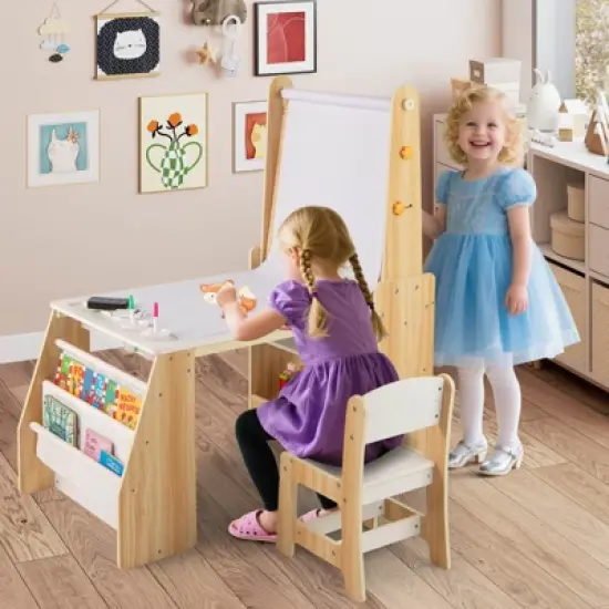 Costway Kids Art Table and Chair Set with  Easel & Chair Whiteboard & Chalkboard Paper Roll image {1}