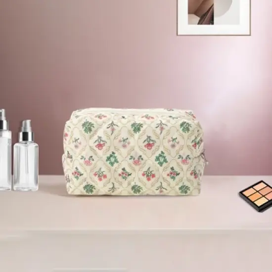 Unique Bargains Quilted Square Flower Makeup Bags Pink Green 1 Pc image {4}