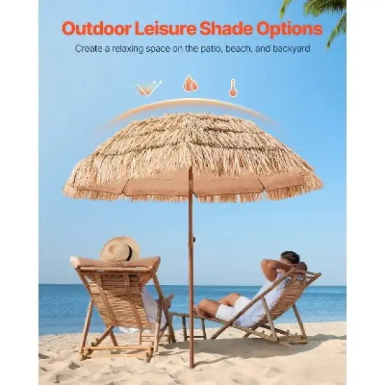 VEVOR Tiki Umbrella, 6.5 ft Thatched Patio Umbrella with Tilt, Hawaiian Style Beach Parasol with Durable PP Thatch and 8 Metal Ribs, Oringinal Color image {2}