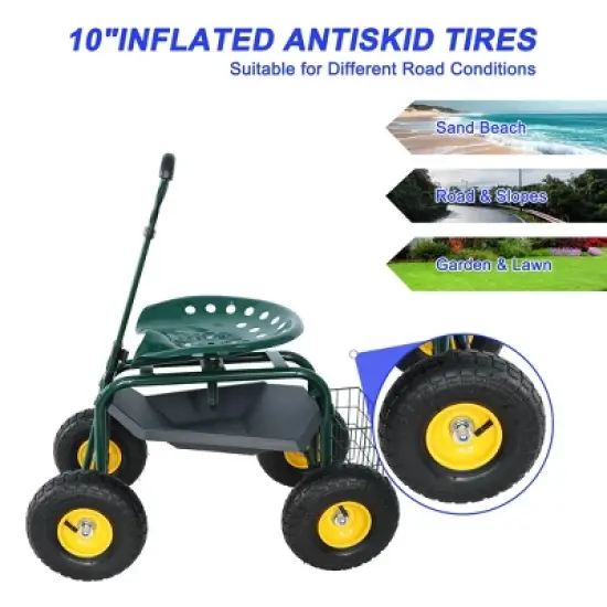 Garden Cart Rolling Scooter, Adjustable Height Heavy Duty Scooter, Rolling Garden Cart with 4 Wheels and Extendable Handle, 360-Degree Seat and Tool image {2}