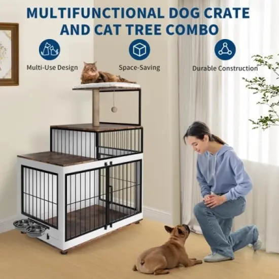 Multi-Functional Dog Crate Furniture - Cat Scratching Post, Resting Platform, Rotating Food Bowl, 2 in 1 Wood & Metal Pet Kennel Cage for Homes image {2}