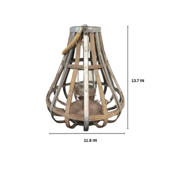 Essential Decor & Beyond 13.7" Natural Bamboo Glass Candle Holder Tabletop Lantern With Rope Handle image {1}