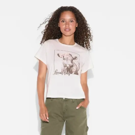 Women's Locals Only Cow Short Sleeve Shrunken Graphic T-Shirt - Off-White image {1}