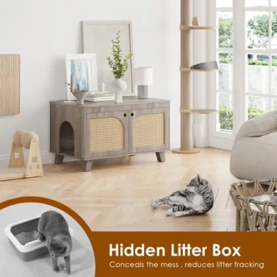 ORRD Flip Top Hidden Cat Litter Box Enclosure Furniture Cabinet with Rattan Decorated Doors for Your Home, Two Entrances image {3}