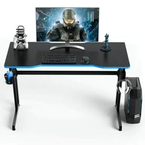 Costway 47.5'' Gaming Desk Z-Shaped Computer Office Table w/Gaming Handle Rack Red/Blue image {9}