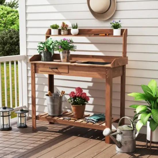 Tangkula Potting Bench Outdoor Wooden Garden Table Work Station Solid Gardening Table image {2}