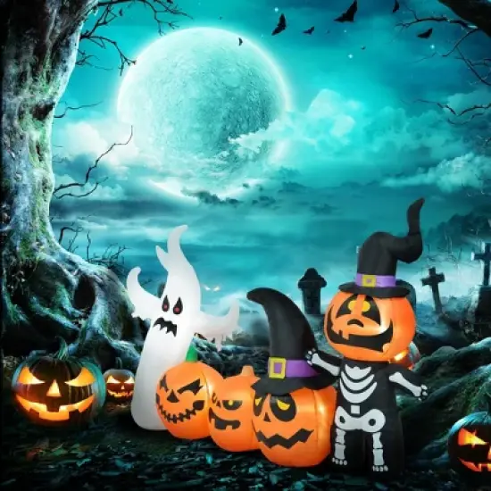Whisen Halloween Decorations, Inflatables Pumpkin Ghost Family, Blow Up LED Yard Display, Waterproof - Orange image {1}