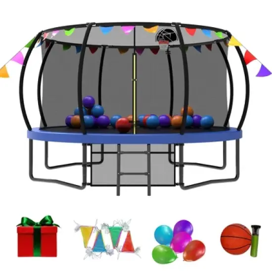 QingMoon 12FT Pumpkin Trampoline With Safety Enclosure Net Ladder,flag parts Weather-Resistant For Children & Adults Catering To The Festive Mood image {2}