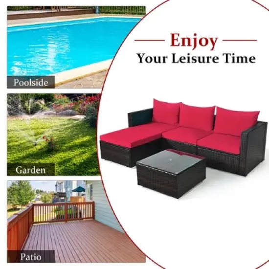 5PCS Patio Rattan Furniture Set Sectional Conversation Sofa w/ Coffee Table Red\ Navy image {7}