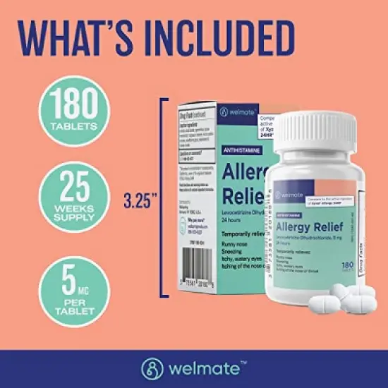 WELMATE 24 Hour Allergy Relief Tablets -  Levocetirizine 5mg 180ct image {1}
