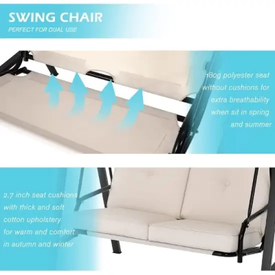 COWLOWN Beige Outdoor 2 Seat Swing Chair with Adjustable Canopy and Removable Cushion, Suitable for Backyard, Garden, Yard, Poolside, Balcony image {2}