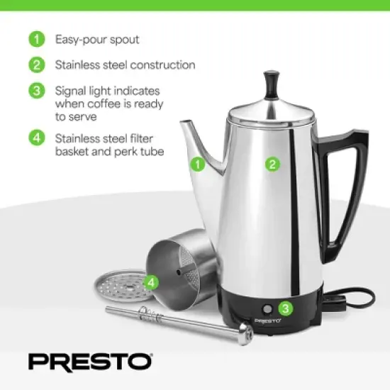 Presto Stainless Steel Coffee Maker, 12 Cup Robust Percolator Coffee Machine for Kitchens with Filter Basket and Signal Light, Silver image {2}