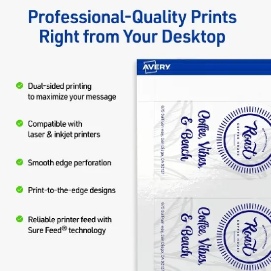 Avery Printable Arched Business Cards, Sure Feed Technology, 2" x 3-1/2", Glossy White Cardstock, Print-to-The-Edge, Laser/Inkjet Printable, 80 Total image {1}