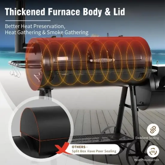 Captiva Designs Charcoal Grill with Offset Smoker - All-Metal Steel Construction, 512 sq. in. Cooking Area for Outdoor Cooking image {2}