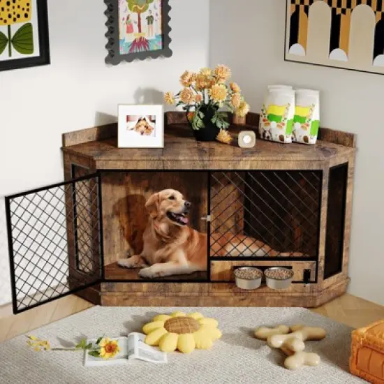 51.3" Corner Dog Crate Furniture with Rotating Feeder, Decorative Dog Crates Dog Cage TV Stand image {8}