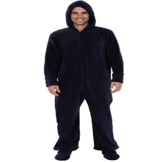 Men's Warm Fleece One Piece Hooded Footed Zipper Pajamas Set, Soft Adult Onesie Footie with Hood for Winter image {15}