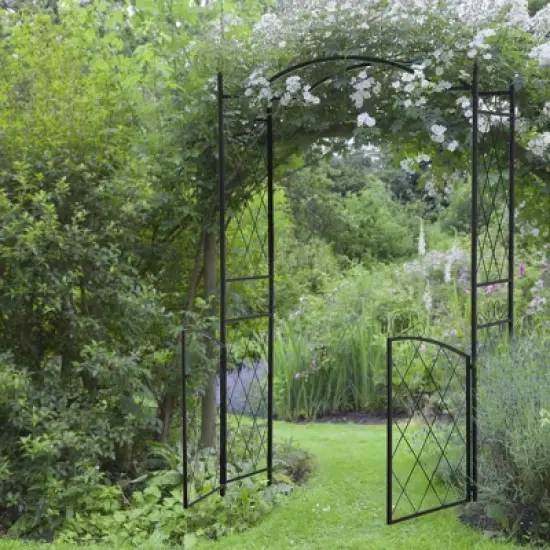 Outsunny 85'' Metal Garden Arbor with Gate, Outdoor Steel Arch with Scrollwork for Climbing Vines, Ground Mountable Columns image {2}