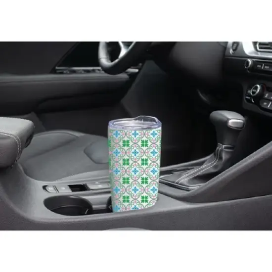 Elanze Designs Green & Pink Moroccan Tile Motif Wrap-Around Design 20 Ounce Stainless Steel On-The-Go Coffee Mug, Thermal Travel Tumbler with Leak image {2}
