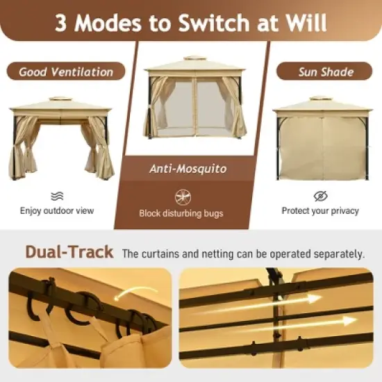 Whisen 10x12 Outdoor Gazebo Tent with Double Roofs, Patio Gazebo with Mosquito Netting and Privacy Screens image {5}