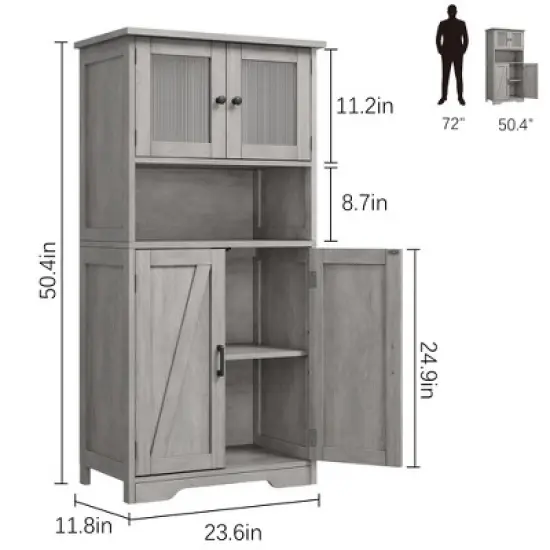homfan Tall Bathroom Cabinet,Freestanding Storage Cabinet with Glass Doors and Adjustable Shelves, Modern Cupboard for Kitchen, Pantry, Living Room image {7}
