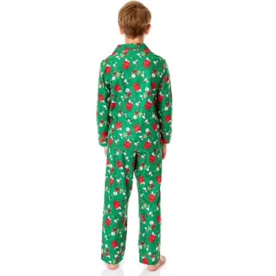 Peanuts Boys' Christmas Snoopy Charlie Brown Button Down Sleep Pajama Set Green image {1}