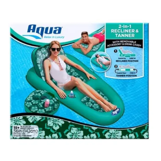 Aqua Leisure Campania 2 in 1 Convertible Water Lounger Pool Inflatable, Floral + Aqua Leisure Zero Gravity Inflatable Swimming Chair Float, Green image {4}