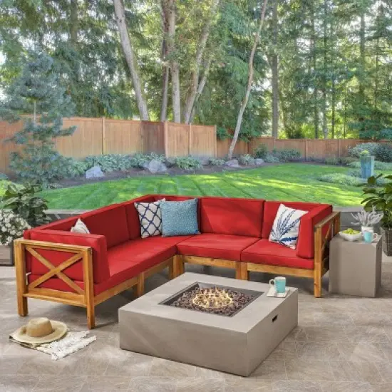 Brava 7pc Acacia Sectional Sofa Set with Fire Pit - Christopher Knight Home image {6}