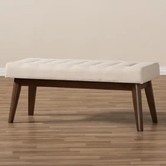 Elia Mid Century Modern Walnut Wood Fabric Button Tufted Bench - Baxton Studio image {6}