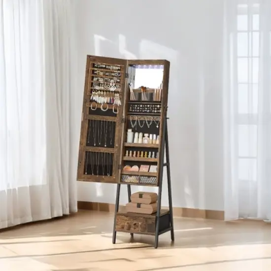 Standing LED Jewelry Cabinet, Lockable Armoire with Full-Length Mirror, Space-Saving Organizer, Bottom Drawer, Shelf - Gift Idea image {4}