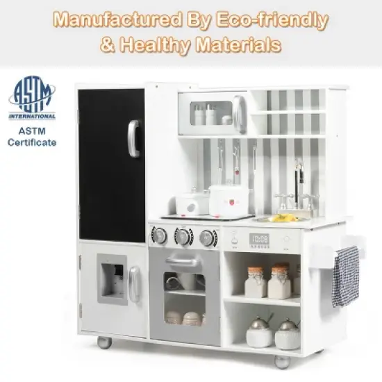 Costway Wood Kitchen Toy Kids Cooking Pretend Play Setw/ Utensils,Sounds & Wordpad White image {5}