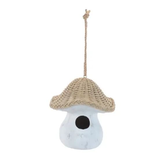Mushroom Birdhouse with Wicker Design 8"H image {1}