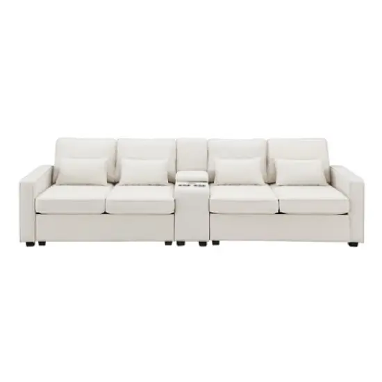 114.2" Modern Linen Upholstered Sofa with Console, 2 Cup Holders, 2 USB Ports, Wireless Charging and 4 Pillows - ModernLuxe image {1}