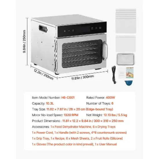 VEVOR Food Dehydrator Machine, 6 Stainless Steel Trays, 400W Electric Food Dryer with Adjustable Temperature & 24-Hour Timer, Freeze Dryer, Silver image {7}
