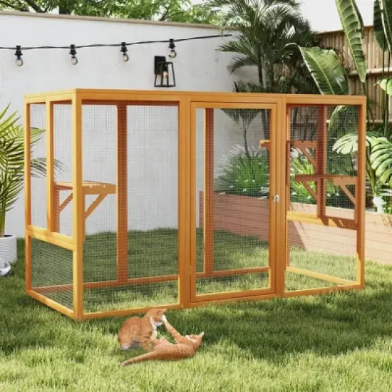 Sandinrayli Outdoor Cat House, Wood Cat Catio with Sunshine Panel, Orange image {8}