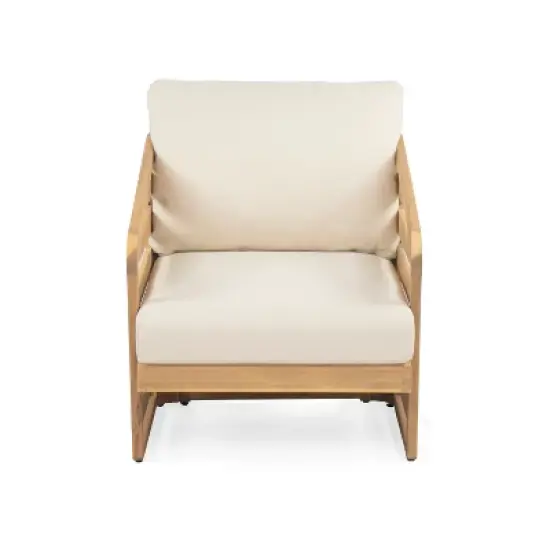 Christopher Knight Home Venteb Patio Slat Design Acacia Wood Upholstered Club Chair, Teak/Beige, Set of 4 image {3}