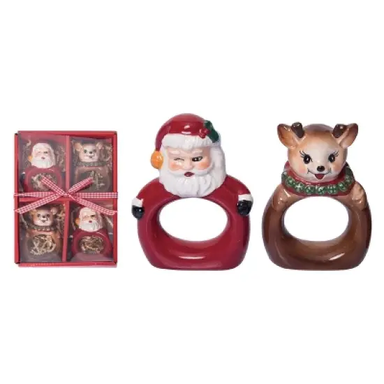 Transpac 8.25 in Holiday Vintage Santa Reindeer Napkin Rings Set of 4 Dolomite Kitchen Holders for Festive Dining image {3}