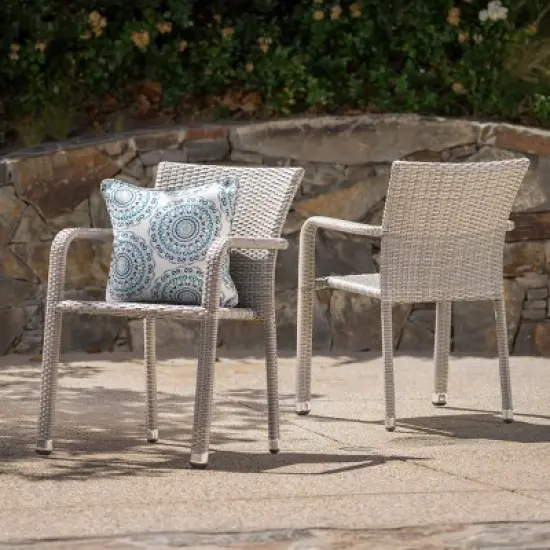 Dover 2pk Wicker Armed Stacking Chairs - Chateau Gray - Christopher Knight Home: Weather-Resistant Aluminum Frame image {1}