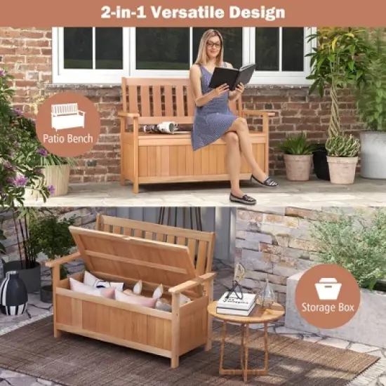 Costway 48 Inch Patio Storage Bench Wood Loveseat with Slatted Backrest for Backyard image {7}