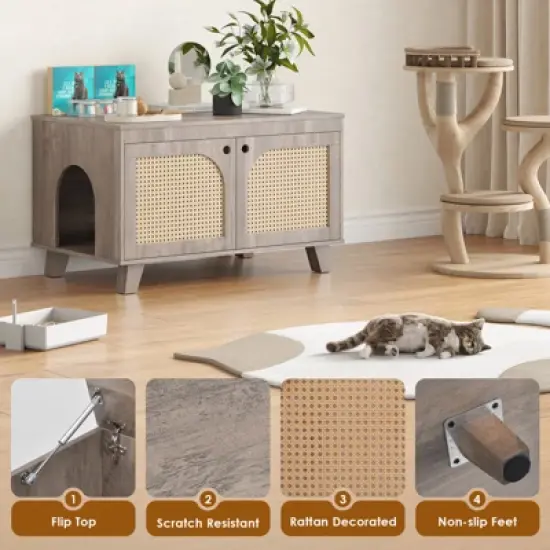 ORRD Flip Top Hidden Cat Litter Box Enclosure Furniture Cabinet with Rattan Decorated Doors for Your Home, Two Entrances image {1}