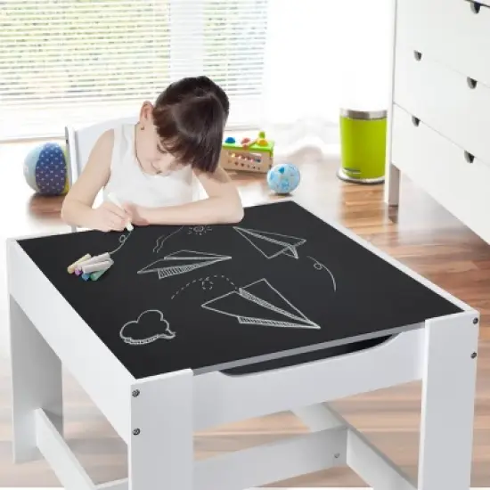 Costway Kids Table Chairs Set With Storage Boxes Blackboard Whiteboard Drawing GreyNature image {1}