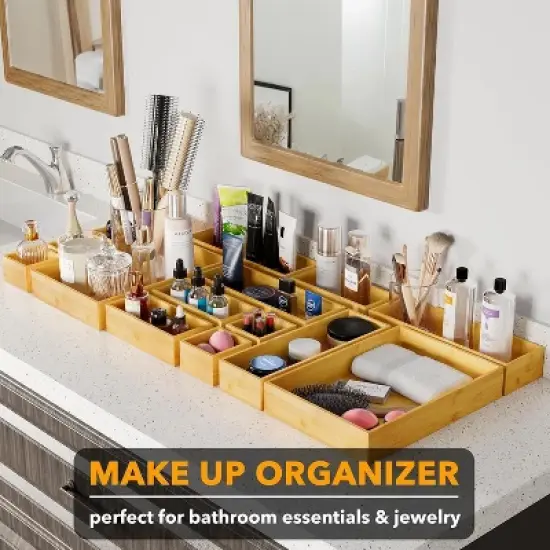 14-Piece Bamboo Drawer Organizer Set &ndash; Multi-Use Divider Bins for Kitchen, Bathroom, Office, and Makeup Storage, Natural image {5}