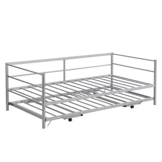 Twin Size Daybed With Pop Up Trundle, Bed Frame With Braces Safety Guardrail, No Box Spring Needed, Sturdy Metal Slat Support, Folding Platform Bed image {1}