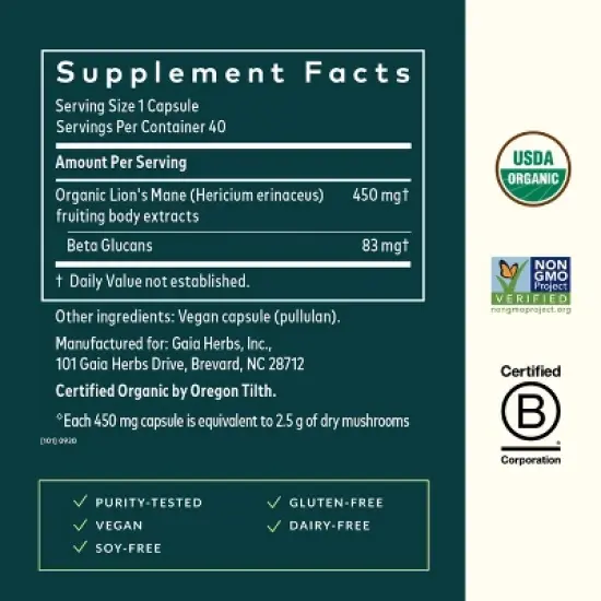 Gaia Herbs Lion&rsquo;s Mane Mushroom - Brain and Nerve Support Supplement to Help Maintain Neurological Health - 40 Vegan Liquid Phyto-Capsules image {1}