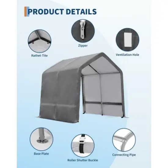 10x10FT Outdoor Storage Shed Carport with Roll-Up Zipper Door, Portable Garage Storage Shelter Heavy Duty Waterproof PE Tarp for Bike, ATV, Grey image {3}