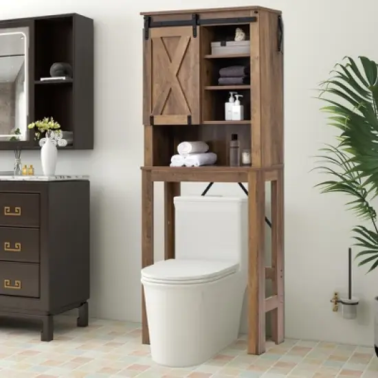 Costway Toilet Storage Rack with Sliding Barn Door & Adjustable Shelves, Rustic Brown image {1}