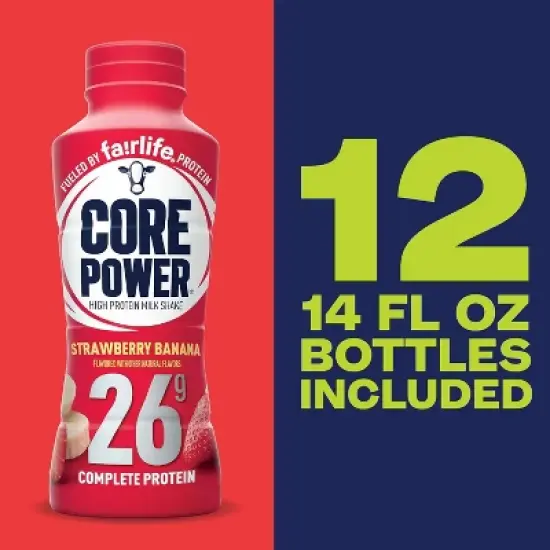 Core Power Protein Shake 26g Complete Protein 12 Pack Ready-to-Drink Recovery Drink with Real Milk Proteins, Strawberry Banana 14oz Bottle image {2}