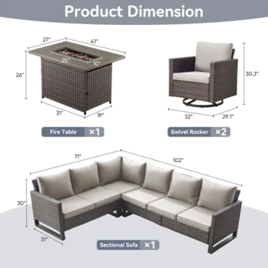 POCASSY L-Shaped Patio Sectional Sofa Set with Fire Pit Table, All Weather Brown Wicker Outdoor Furniture Set with Swivel Chair and Propane Fire Pit image {14}