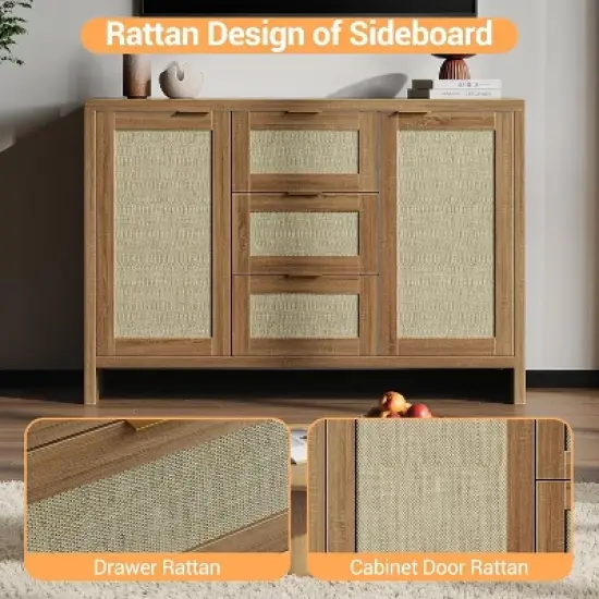 Modern Rattan Buffet Cabinet Sideboard with Storage, 47" Boho Buffet Table with Drawers, Coffee Bar Cabinet for Entryway, Living Room, Farmhouse image {3}